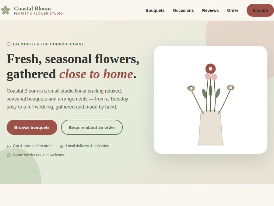 Concept homepage layout for a fictional florist, Coastal Bloom, using a soft sage and dusty rose palette with a gallery-led layout