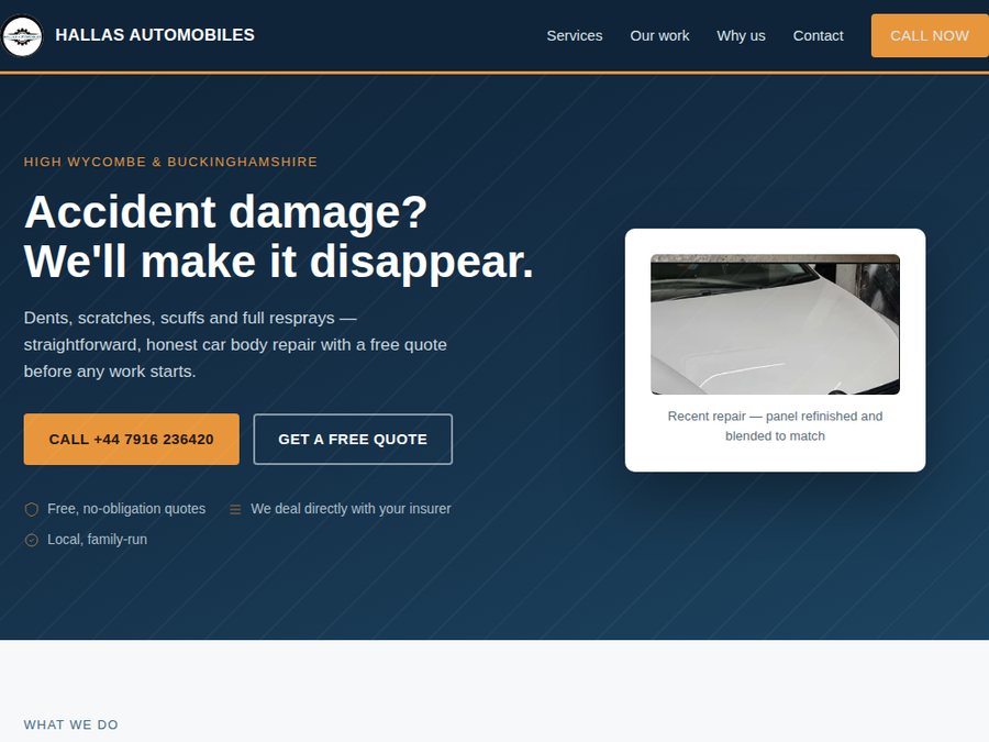 Concept homepage for Hallas Automobiles, a real car body repair business in High Wycombe, using their own navy and steel-blue branding