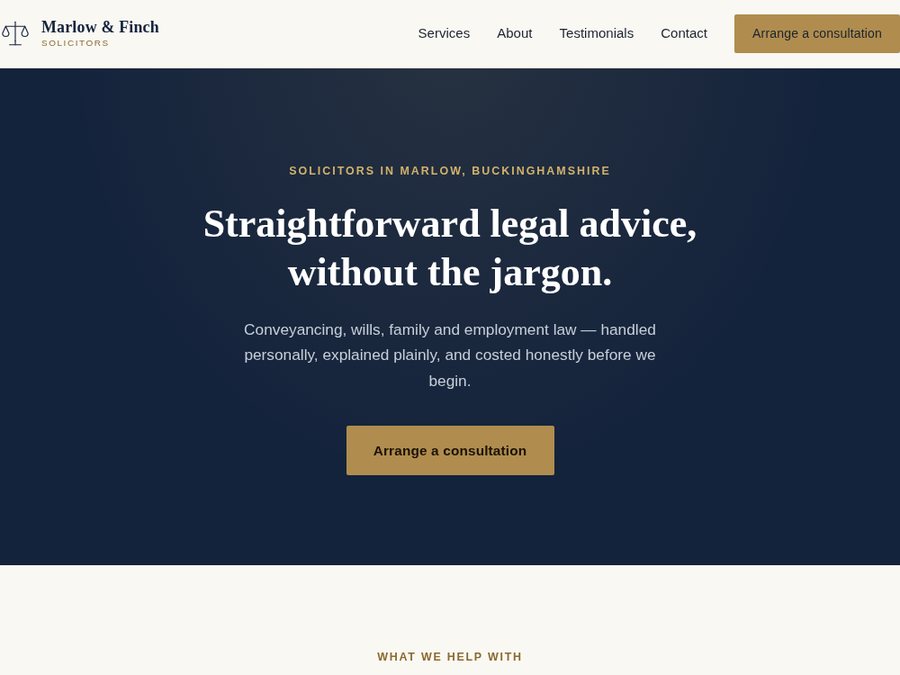 Concept homepage layout for a fictional law firm, Marlow & Finch, using a navy and muted gold palette with a minimal, trust-led layout