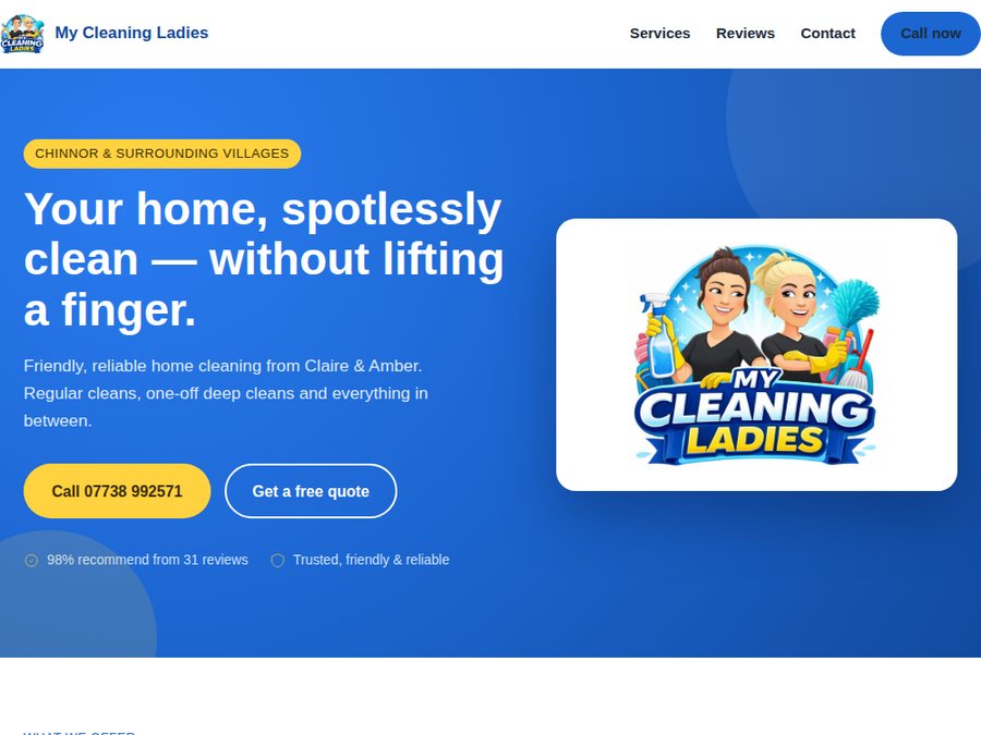 Concept homepage for My Cleaning Ladies, a real home cleaning business in Chinnor, using their own bright blue and yellow branding and real customer reviews