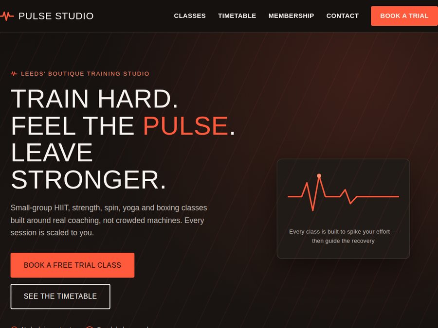 Concept homepage layout for a fictional fitness studio, Pulse Studio, using a high-contrast dark and coral palette centred around a booking call-to-action