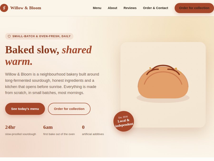Concept homepage layout for a fictional bakery brand, Willow & Bloom, using a warm cream and terracotta palette with an ordering call-to-action